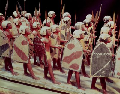 Funerary model of marching armed soldiers, from the Tomb of Prince Mesehti, Assyut, Middle Kingdom, c.2000 BC by Egyptian 11th Dynasty